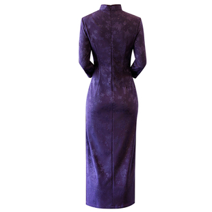 妈妈紫色旗袍加绒保暖秋冬季女装小个子7分袖日常婚宴礼服高级感