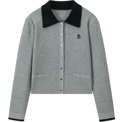 太平鸟女装秋季拼接领撞色袖口翻领针织衫A1EDE3513