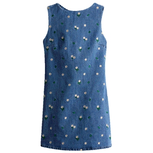 HM女装连衣裙春季牛仔刺绣露背短款设计感碎花裙1282227