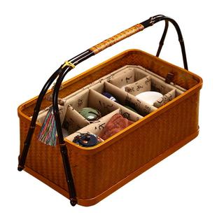 古风竹编提篮仿古食盒家用月饼礼盒功夫茶具收纳盒箱旅行便携防尘