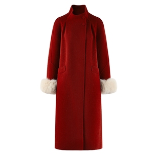秋水伊人红色立领大衣2025年冬季新款女慵懒感可脱卸袖口毛呢外套