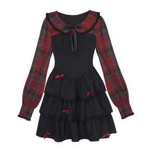 SagiDolls少女斗志 2026新年红黑格假两件蛋糕连衣裙演唱会遮肚春