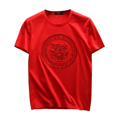 夏季新款潮牌男刺绣虎头短袖丝光棉修身立体绣花T恤黄色上衣半袖