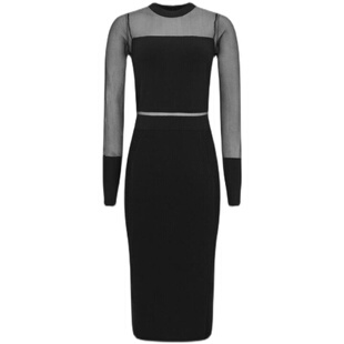 REISS针织长袖连衣裙假两件黑色包臀裙纱网袖弹力修身优雅名媛