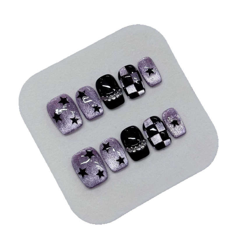 清透紫色玻璃珠猫眼黑色棋盘格星星碎钻拼贴短款甜酷个性穿戴甲