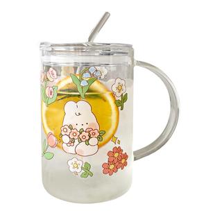 超大容量1升玻璃水杯创意图案杯子带把带吸管牛奶杯宿舍用喝水杯