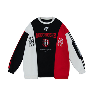 MOGONGSHE*黑红白撞色刺绣卫衣美式复古运动风印花上衣街头风长袖