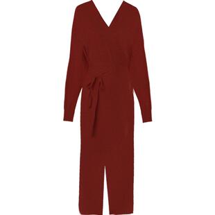 DPLAY冬法式优雅果酱红系带收腰V领织连衣裙回门服敬酒服