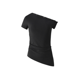 ourhour 斜边开衩下摆 黑色铆钉斜肩扭结袖T恤 女夏季设计感短袖