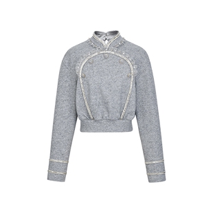 lefame拉飞姆休闲华丽花边旗袍领灰色中式卫衣