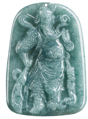 天然正品翡翠蓝水关公平安吊坠