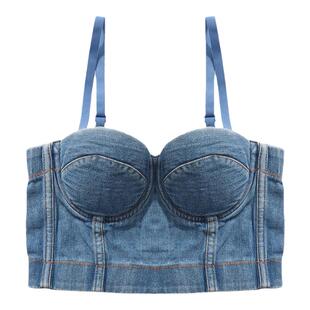 牛仔鱼骨软支撑钢圈外穿胸衣背心吊带短款露脐防滑欧美风辣妹性感