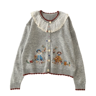 2026春季复古甜美刺绣针织开衫少女风蕾丝花边娃娃领长袖森系外套