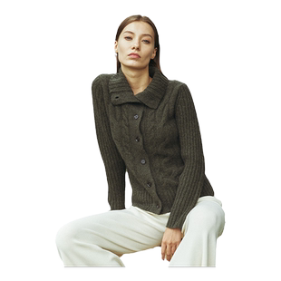 圣雪绒2020秋冬新品女翻领针织开衫复古绞花毛衣短款加厚羊绒衫