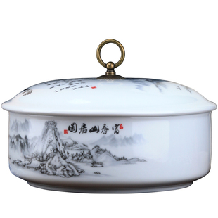 21cm大号印泥盒景德镇陶瓷瓷盒手绘制作带盖印泥盒特大号印泥缸陶瓷印泥盒大号盒子书法篆刻朱砂书画瓷盒空盒