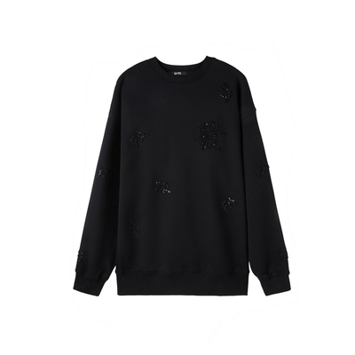 U/TI黑色发财珠片绣卫衣女百搭阔感圆领休闲上衣尤缇2025春季新款