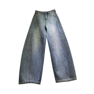 E野视角加绒加厚烫钻弯刀裤女2025年冬季拖地牛仔裤无弹力阔腿裤