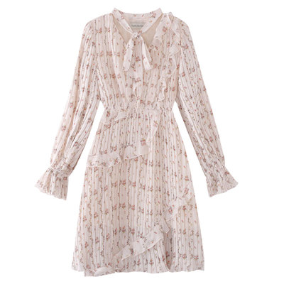 【迟伞伞】 草莓夹心 飘带碎花连衣裙V领甜美连衣裙