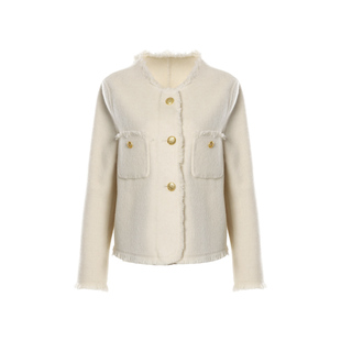 DPLAY春通勤杏色圆领正肩短款100羊毛双面呢外套女