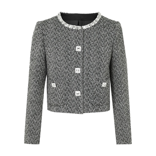 朗姿集团LIME莱茵黑白粗纺羊毛呢套装圆领钻饰上衣直筒半裙25冬新