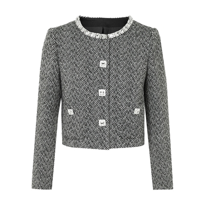 朗姿集团LIME莱茵黑白粗纺羊毛呢套装圆领钻饰上衣直筒半裙25冬新