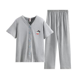 芬腾女士短袖长裤夏季纯棉睡衣宽松大码休闲风V领开衫家居服套装