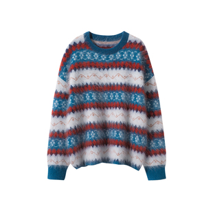 皇室拉绒山羊绒衫女圆领红蓝撞色加厚宽松针织打底衫秋冬新款上衣