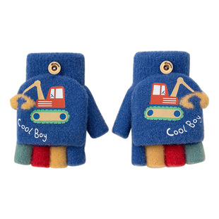 挖掘机男童冬季卡通可爱幼儿园半指针织毛线防寒保暖儿童翻盖手套