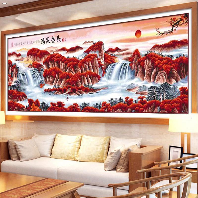 2025年新款线绣鸿运当头十字绣成品机绣流水生财纯手工客厅山水画