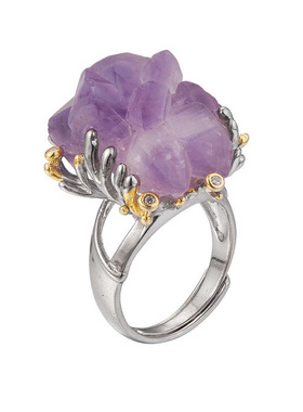 紫晶锦簇新款天然紫水晶戒指S925纯银食指环女轻奢华欧美夸张R26