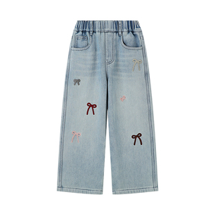 布丁哈鲁冬装女童童装裤子2025秋冬款儿童休闲加绒阔腿牛仔裤