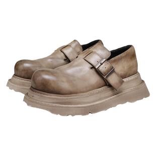 2026年春秋新款复古真皮单鞋皮带扣纯色圆头厚底鞋松糕底大码女鞋