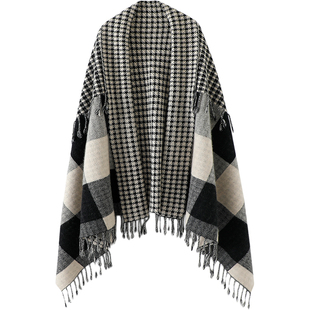 重磅大克重！千鸟格子拼接流苏羊绒大披肩女纯羊绒围巾披风毯子厚