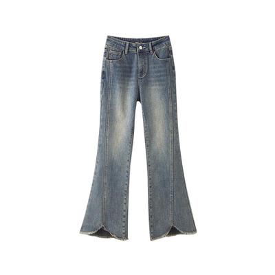 三福牛仔裤2025年新款女冬季加绒不规则毛边修身显瘦喇叭裤子女装