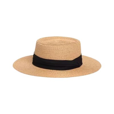 法式草帽平顶女夏季老钱风编织礼帽海边度假沙滩防晒太阳帽子遮阳