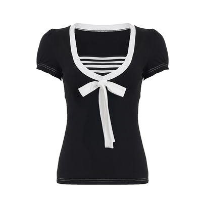 韩系chill撞色条纹蝴蝶圆领短袖