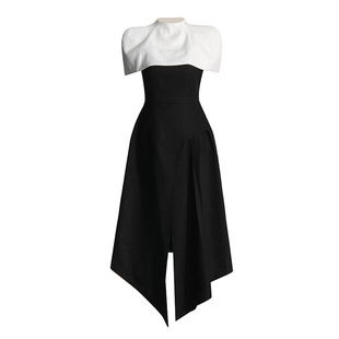 法式气质吊带长裙主持人晚宴聚年会礼服黑白撞色收腰显瘦连衣裙女