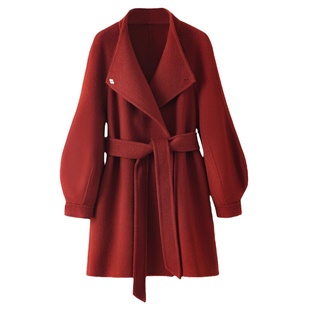 MANYAN 红色羊毛大衣双面羊绒中长款新款小个子安可拉冬季外套女