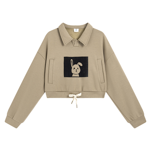 万有引力博物馆 兔兔POLO领短款卫衣女秋季宽松抽绳翻领早秋上衣