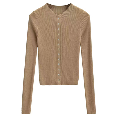 半高领排扣修身螺纹长袖针织开衫