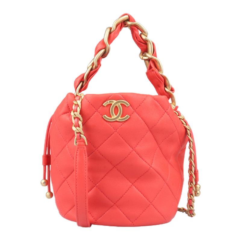 【自营】中古9新CHANEL香奈儿皮穿链手柄水桶红羊皮斜挎包AS2390