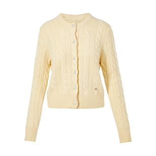 朗姿集团LIME莱茵圆领绞花针织开衫米黄色25春羊毛羊绒毛衫