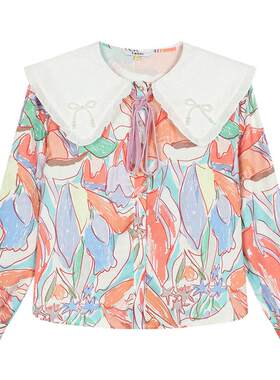 tanni夏季新款俏皮浪漫丝绒织带蕾丝娃娃领印花衬衫TO31SH015A