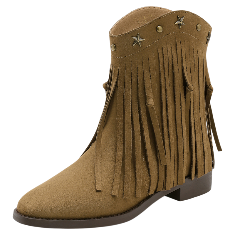 星期六流苏短靴女款2025新款秋季美拉德中筒瘦瘦马丁靴西部牛仔靴
