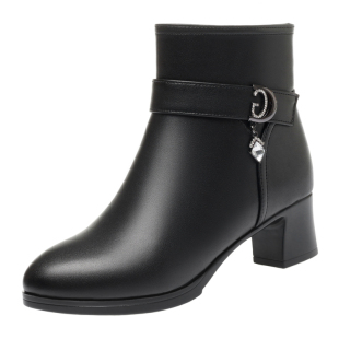 秋冬季真皮女短靴单靴加绒妈妈棉鞋中高跟加厚羊毛靴粗跟中年棉靴