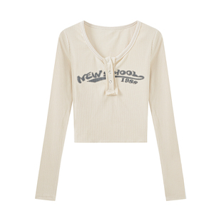 大码胖妹妹圆领字母上衣女春秋季新款修身针织内搭长袖t恤打底衫