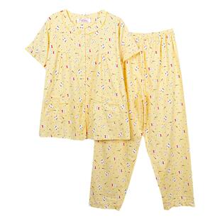 凤中花短袖长裤睡衣女夏款梭织布料全棉加大码对襟休闲居家两件套