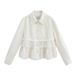 Marc Moore 2025秋季新款珍珠翻领蕾丝拼接外套女奶杏色百搭外套