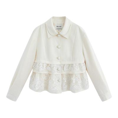 Marc Moore 2025秋季新款珍珠翻领蕾丝拼接外套女奶杏色百搭外套