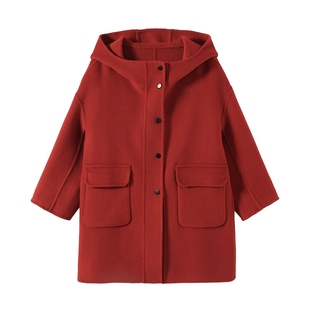罗蒙女童双面羊毛大衣中长款秋冬装全羊毛呢外套呢子韩版连帽洋气